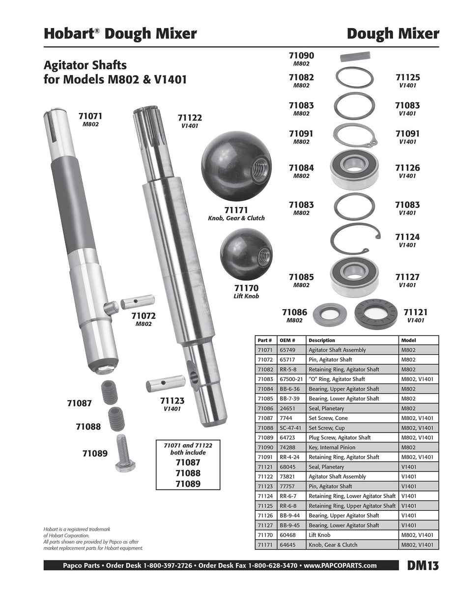 DM13 - Hobart Agitator Shaft, Models M802 & V1401 – PapcoParts